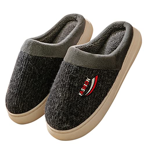 Herren Hausschuhe Gestrickte Indoor Outdoor Hausschuhe mit Plüsch Fleece Futter Rutschfeste Gummisohle Warme Mule House Schuhe Weiches Obermaterial aus Stoff mit Stickerei Patch Slip On Bequeme Winter von Generisch