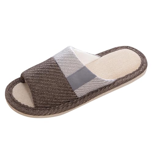 Herren Hausschuhe Leder Pantoffeln Hausschuhe-Herren Weiche Sohle Hauspantoffeln Leinenoptik Gummisohle Plateau Hausschlappen Offene Slip On Mit Rutschfester Herrenhausschuhe Breit Slippers Leichte von Generisch