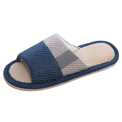 Herren Hausschuhe Leder Pantoffeln Hausschuhe-Herren Weiche Sohle Hauspantoffeln Leinenoptik Gummisohle Plateau Hausschlappen Offene Slip On Mit Rutschfester Herrenhausschuhe Breit Slippers Leichte von Generisch