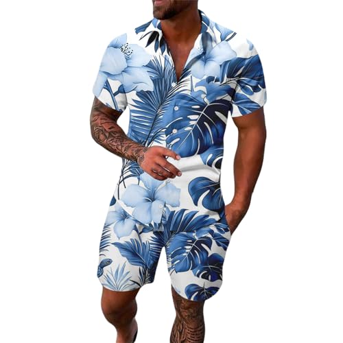 Herren Hawaiihemd und Kurze Hose Set Blume 2-teiliges Strandhemd Bügelfrei Button Down Kurzarm Hawaii Shirt und Shorts Faltenfrei Urlaub Hemd Set Freizeit Funky Hawaiihemd Strand von Generisch