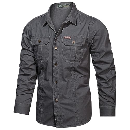 Herren Hemd Frühling und Herbst Cargohemd Einfarbig Langarm Vintage Hemden Button Down Freizeithemd mit 2 Brusttaschen Militär Stil Shirt für Outdoor Reisen von Generisch