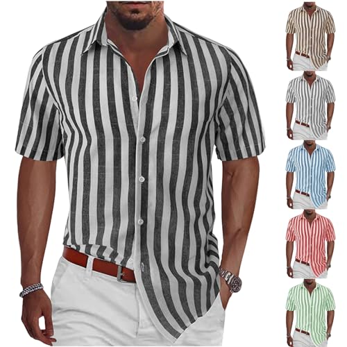 Herren Hemd Gestreiftes Kurzarm mit Knopfleiste Lässige Gestreifte Bedruckte Button-Down-Kleidhemden T-Shirt Henley Sommerstrand Hawaii Strandurlaub Tops Freizeithemd Sommer Casual Regular Fit von Generisch
