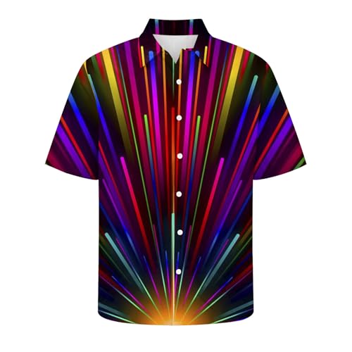 Herren Hemd Karneval Fasching Hemden Bunter Linien Muster Kurzarm Faschingshemd Freizeit Tops Stilvolles Revers Lose Tops mit Knopfleiste Fasching Kostüm Mit Digitaldruck Party Hemd (Mehrfarbig, XL) von Generisch