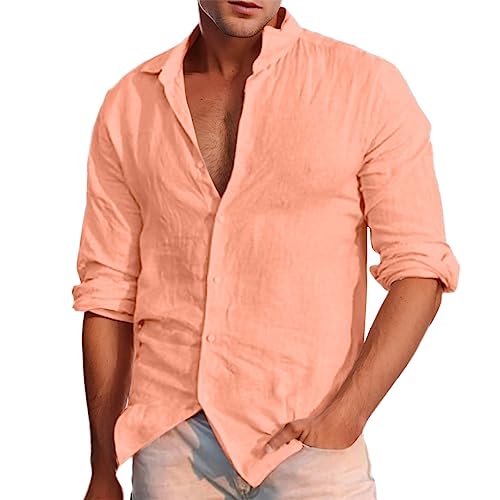 Herren Hemd Leinenhemd Langarm Stehkragen Leinenshirt Button Down Freizeithemd Businesshemd Sommer Casual Regular Fit Shirt (Orange, M) von Generisch