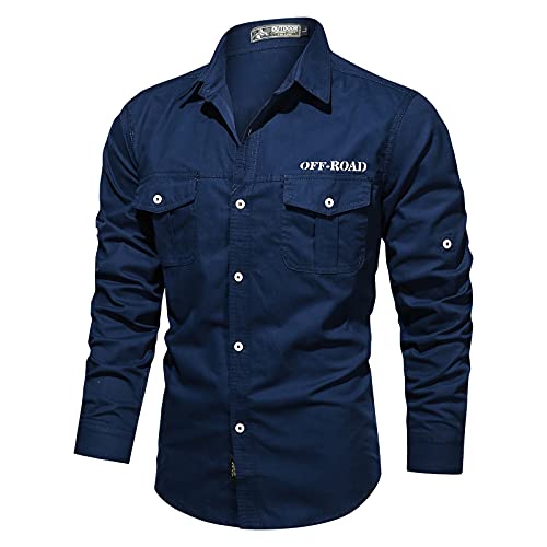 Herren Hemd Shirt Longsleeve Männliches -Winter-Solid-Farben-Baumwoll-Einreiher mit Zwei Taschen, Langarm, gewaschenes Militär-Outdoor-Hemd Männer Hemd Shirt Anzughemden (Dark Blue, XXXXXL) von Generisch