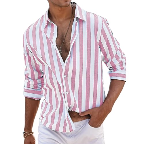Herren Hemd Streifen Shirt Langarm Sommer Freizeithemden mit Knopfleiste Regular Fit Business Freizeit Herrenhemden Elegante Shirt für Männer Atmungsaktive Sommerhemden Strandhemd von Generisch