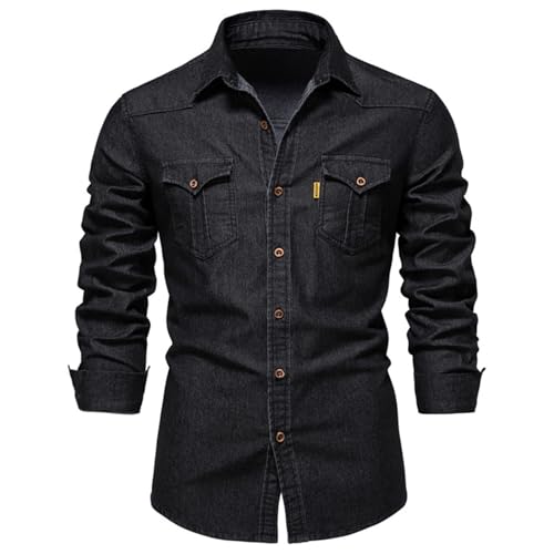 Herren Hemden Denim Shirt Langarmhemd Freizeithemd Regular Businesshemd Slim-Fit-Herrenhemden Cowboy-Style Freizeit Hemd männer Kent-Kragen Business Casual von Generisch