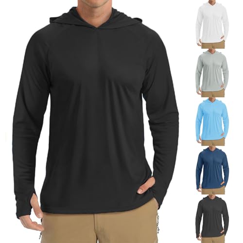 Herren Hoodie Einfarbig mit Kapuze Langarm Tshirt UPF 50+ UV Sonnenschutz Outdoor Sweatshirt Basic Kapuzenshirt Wandern Schnelltrocknend Funktionsshirt Slim Fit Sportshirt Angeln Outdoor Laufen von Generisch