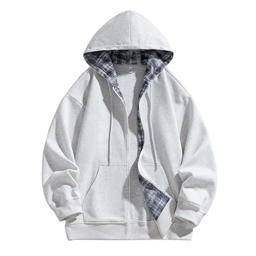 Herren Hoodie Retro Plaid Splicing Kapuzenpullover Basic Kapuzenpullover Full Zip mit Karierte Kapuze Sweatjacke Casual Sweatshirts Unisex Kordelzug Hoody Modische Sportjacke (Hellgrau, XXL) von Generisch