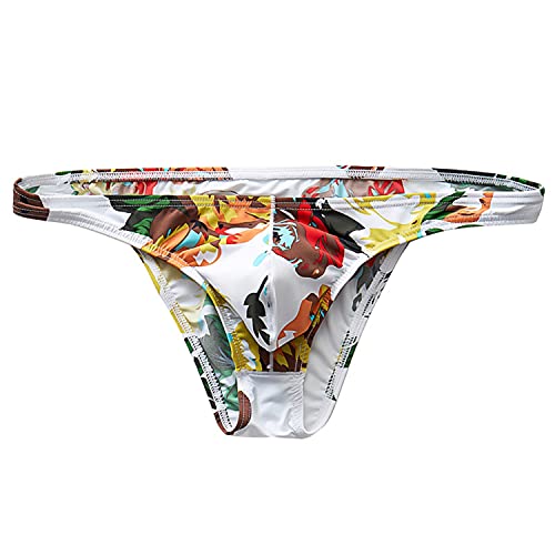 Herren Ice Silk Mini-Bikini-Slip Low Rise Print Tanga G-String Unterwäsche Sexy Pouch Durchsichtiger T-Back Tanga Badeanzug (M,Weiß) von Generisch