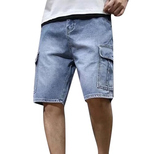 Herren-Jeans, Cargo-Shorts, mehrere Taschen, Denim, kurze Hose mit Kordelzug, einfarbig, Denim, kurz, elastischer Bund, Jeanshose für den täglichen Sport, Jogger, halbe Hose, entspannte Passform von Generisch