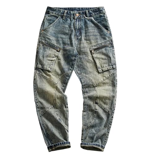 Herren-Jeans, gerade, gewaschen, mit Reißverschlusstasche, gespleißt, Motorrad-Stil, schmale Passform, blau, 34 von Generisch