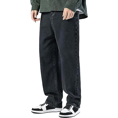 Herren Jeans Baggy Hip Hop Jeanshose Streetwear Skateboard Jeans Teenager Jungen Loose Fit Pants Classic Regular Hosen Herren Baggy Fit Jeans mit Knopfleiste Jeanshose Streetwear (Black-2, L) von Generisch