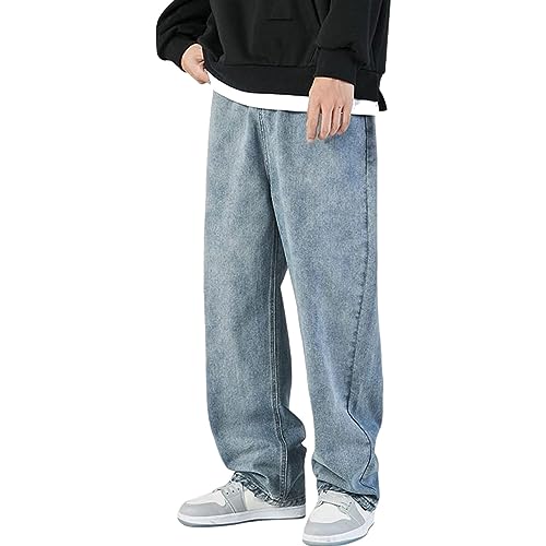 Herren Jeans Baggy Hip Hop Jeanshose Streetwear Skateboard Jeans Teenager Jungen Loose Fit Pants Classic Regular Hosen Herren Baggy Fit Jeans mit Knopfleiste Jeanshose Streetwear (Blue-2, L) von Generisch