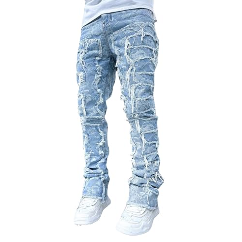 Herren Jeans Streetstyle Stonewashed Denim Hosen Weite Atmungsaktive Outdoor Hosen Modische Freizeit Schlaghosen Leichte Bequeme Alltags Stretchhosen von Generisch