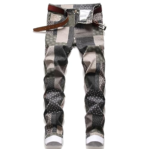 Herren Jeans Stretch Mode Farbblockierung Karierte Jeanshose Slim Fit Gerader Schnitt Freizeithose Männer Jogging Jeans mit Reißverschlussleiste für Den Alltag(Rosa,XL) von Generisch