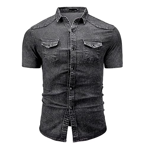 Herren-Jeanshemd, kurzärmelig, weiche Baumwolle, zwei Taschen, schmale Passform, Jeans, bequemes Cowboy-Hemd, klassisch, Knopfleiste, Sommer, atmungsaktiv, Tops für Herren, Schwarz , M von Generisch