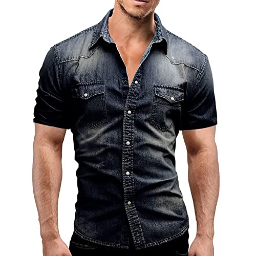 Herren-Jeanshemd, kurzärmelig, weiche Baumwolle, zwei Taschen, schmale Passform, Jeans, bequemes Cowboy-Hemd, klassisch, Knopfleiste, Sommer, atmungsaktiv, Tops für Herren, blau, M von Generisch