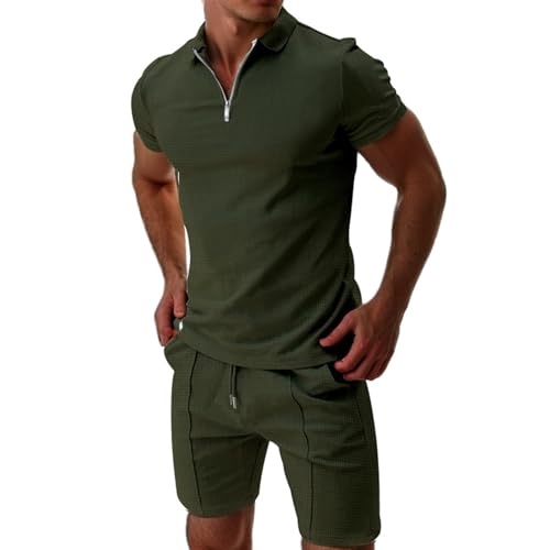 Herren Jogginganzug Sommer Kurzarm Trainingsanzug 2 Teiliges 1/4 ReißVerschluss Poloshirt + Kurze Hose Casual Sommer Anzug Baggy Freizeitanzug Business Polo Hemd Herren Set EIN Geschenk für Männer von Generisch