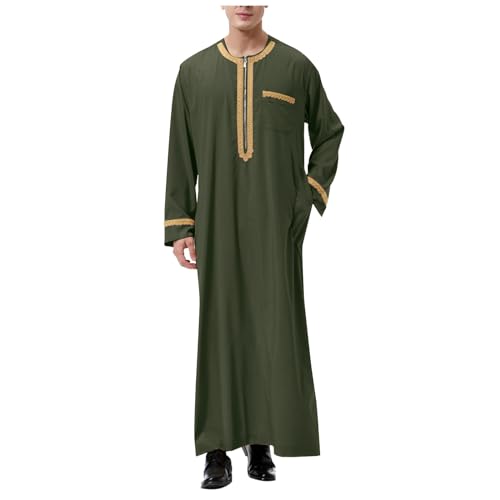 Herren Kaftan Reißverschluss Rundhals Langarm Lang Thobe Herren Baumwolle Regular Fit Gebetskleidung für Männer Arabische Kleidung Ihram Kleidung Pfarrer Kostüm(Y01 Armeegrün, XL) von Generisch
