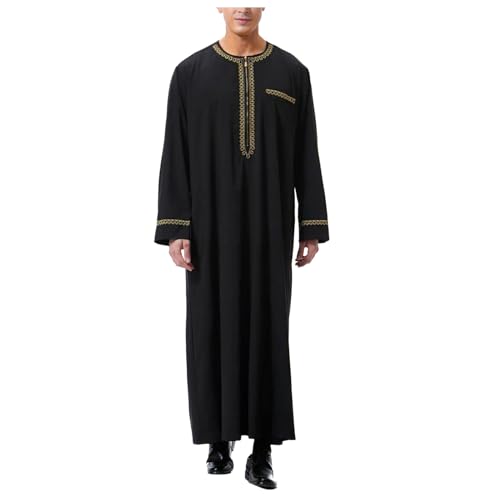 Herren Kaftan Reißverschluss Rundhals Langarm Lang Thobe Herren Baumwolle Regular Fit Gebetskleidung für Männer Arabische Kleidung Ihram Kleidung Pfarrer Kostüm(Y01 Schwarz, M) von Generisch