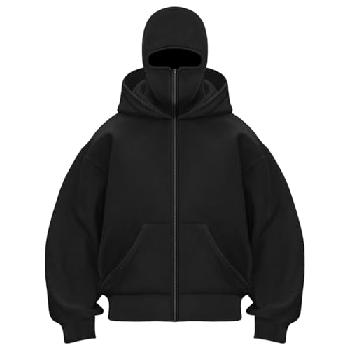 Herren Kapuzenpullover Balaclava Zip Hoodie mit Sturmhaube Herren Oversized Y2K Hoodie Ninjaa Mask Jacke mit Fleece Einfarbig Mask Hoodies Kapuzenpullover Übergangsjacke Warme Jacke Streetwear von Generisch