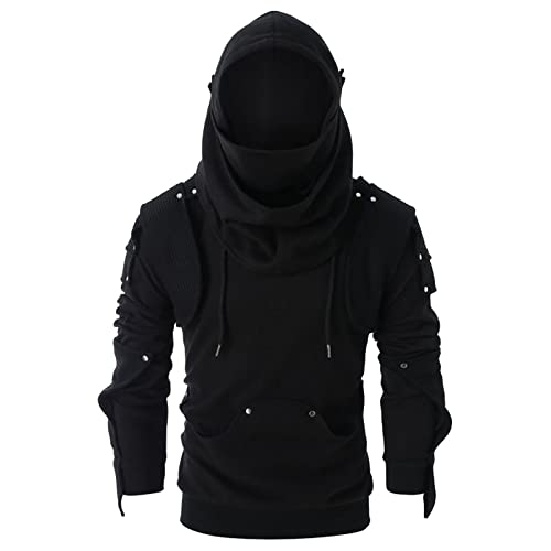Herren Kapuzenpullover Mittelalter Vintage Nieten Rüstung Sweatshirt Gothic Steampunk Hoodies Slim Fit Schwarz Langarm Hoodie Classic Kordelzug Sweatshirt Stretch Pullover Sweaters Komfort Weste XXXL, von Generisch