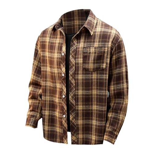 Herren Kariert Hemden Langarm Casual Button Down Freizeithemd Mit Brusttasche Normal Passform Businesshemd Karohemd Freizeit Langarmhemd Lose Tops Retro Style Party Trachtenhemd (Braun, M) von Generisch