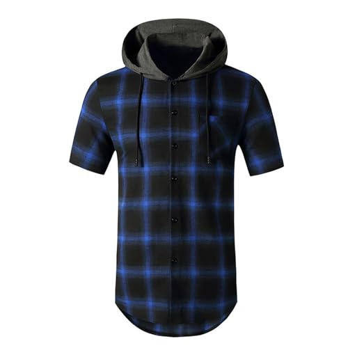 Herren Karohemd mit Kapuze Button Down Shirt Kariertes Hemd für Männer Kapuzenhemd Kurzarm Freizeithemd Casual Sport Outdoor Oberteile Kurzarmhemd Herrenhemd mit Fronttasche von Generisch