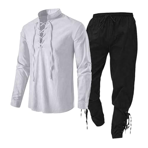 Herren Kleid Hemd und Krawatte Set Mittelalter Herren Bekleidungsset Herren Bekleidungsset mit Leinenhemd Herren Mittelalter Hemd Mittelalter Hose mit Knöchelriemen Anzug Weste Set für Männer, weiß, von Generisch