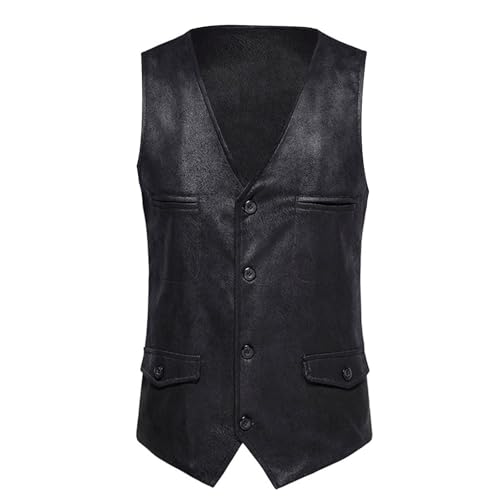 Herren Kunstleder Weste, Klassische Western-Anzugweste Slim Fit Button Down Weste Smart Business Kleid Weste für Männer Vintage Stil Ärmellose Weste, Schwarz , XXL von Generisch