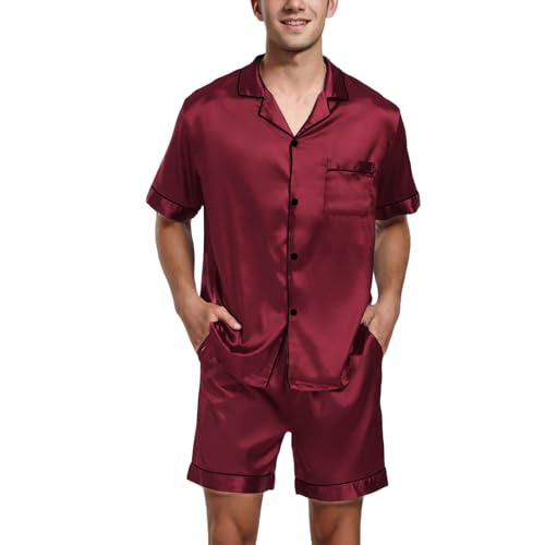 Herren Kurz Satin Schlafanzug Pyjama Set Zweiteiliger Shirt mit Knopfleiste Button Down + Shorts mit Tasche Klassische Hausanzug Nachtwäsche Seiden Pyjama für Männer Rot Sommer von Generisch