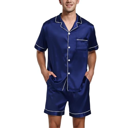 Herren Kurz Satin Schlafanzug Pyjama Set Zweiteiliger Shirt mit Knopfleiste Button Down + Shorts mit Tasche Klassische Hausanzug Nachtwäsche Seiden Pyjama für Männer Rot Sommer von Generisch