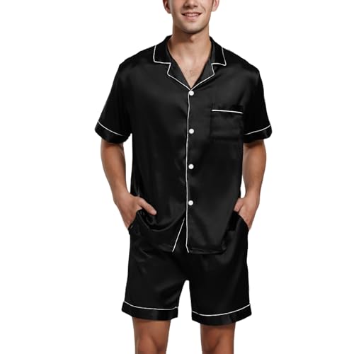 Herren Kurz Satin Schlafanzug Pyjama Set Zweiteiliger Shirt mit Knopfleiste Button Down + Shorts mit Tasche Klassische Hausanzug Nachtwäsche Seiden Pyjama für Männer Rot Sommer von Generisch