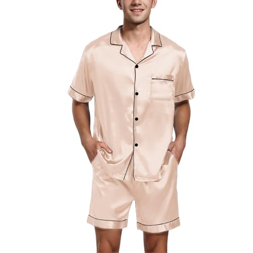 Herren Kurz Satin Schlafanzug Pyjama Set Zweiteiliger Shirt mit Knopfleiste Button Down + Shorts mit Tasche Klassische Hausanzug Nachtwäsche Seiden Pyjama für Männer Rot Sommer von Generisch