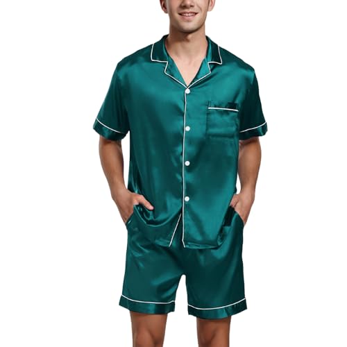 Herren Kurz Satin Schlafanzug Pyjama Set Zweiteiliger Shirt mit Knopfleiste Button Down + Shorts mit Tasche Klassische Hausanzug Nachtwäsche Seiden Pyjama für Männer Rot Sommer von Generisch