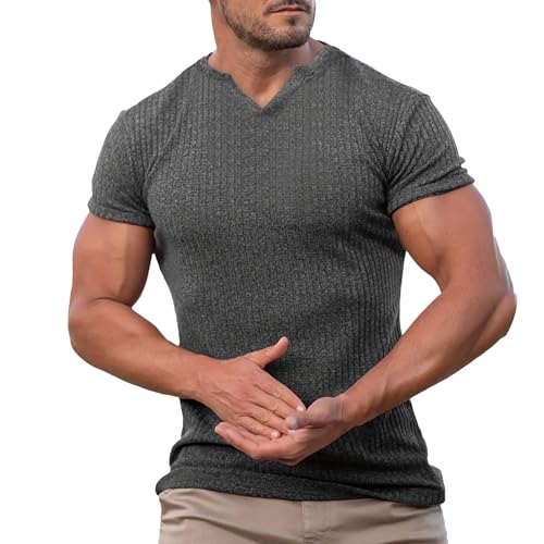 Herren Kurzarm V-Ausschnitt T-Shirt Modisches Freizeitshirt in Uni-Farbe mit Streifenmuster Luftiges Strickoberteil für Sommer Bequemes Lockeres T-Shirt für Outdoor Alltag von Generisch