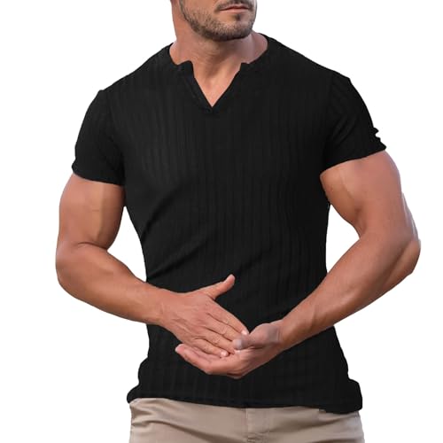 Herren Kurzarm V-Ausschnitt T-Shirt Modisches Freizeitshirt in Uni-Farbe mit Streifenmuster Luftiges Strickoberteil für Sommer Bequemes Lockeres T-Shirt für Outdoor Alltag von Generisch