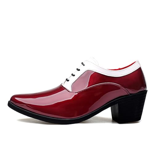 Herren Lackleder Chunky Heel Oxford Schuhe Spitze Zehen Mode High Heels Business Arbeit Hochzeit Abschlussball Kleid Derby Schuhe, rot, 38 2/3 EU von Generisch