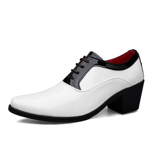 Herren Lackleder Chunky Heel Oxford Schuhe Spitze Zehen Mode High Heels Business Arbeit Hochzeit Abschlussball Kleid Derby Schuhe, weiß, 42.5 EU von Generisch