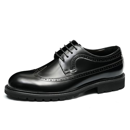 Herren Lässige Bequeme Dicke Sohle Brogues Runde Zehe Leder Schnürschuhe Kleid Halbschuhe Geschäftliche Formelle Derbys,Schwarz,39 von Generisch