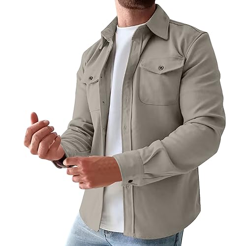 Herren Langarm Hemdjacke Winter Casual Baumwollhemd Leichte Winterjacke Männer Jacke Regular Fit Button Up Hemdjacke mit Pattentasche Übergangsjacke Steppjacke Freizeitjacke Hemden Top, khaki, L von Generisch