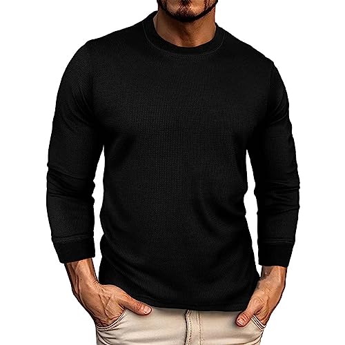 Herren Langarmshirt Aus Baumwolle Basic Pullover Hemden Rundhals-Ausschnitt Slim Fit Männer Pulli Dünner Sweatshirt Rundhals Einfarbig Langarm T-Shirt Top Osterangebote Longsleeve (Schwarz,M) von Generisch