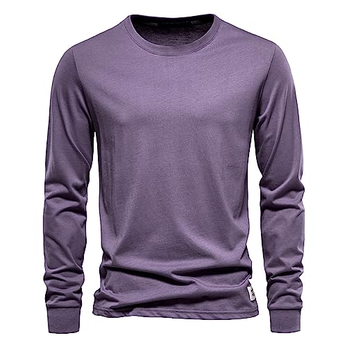 Herren Langarmshirt aus Baumwolle Basic Pullover Rundhals Ausschnitt Slim Fit Männer Pulli dünner Sweatshirt Shirt Langarm Longsleeve Rundhalsausschnitt Sommer Langarm-Shirt Locker (Lila,4XL) von Generisch