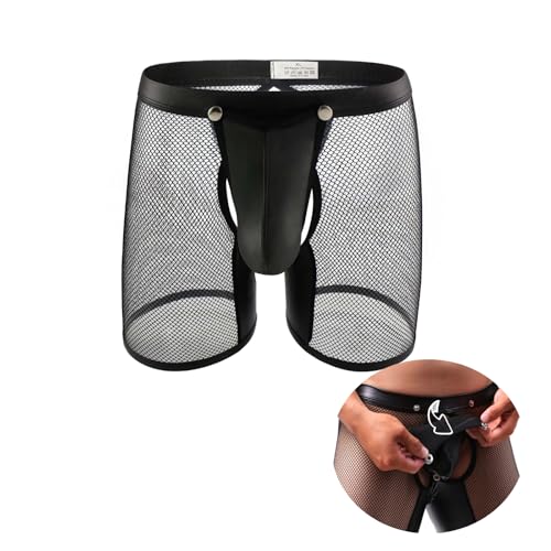 Herren Leder Boxershorts Kunstleder Boxer Briefs Transparent Mesh Shorts Große Größen Pu Leder Boxer Slip Gay Ouvert Retroshorts Sissy Dessous Wetlook Sexy Unterwäsche Openable Pouch mit Druckknöpfen von Generisch