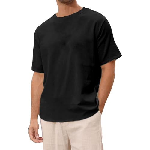 Herren Leinen T-Shirts Große Größe Lockere Volltonfarbe Shirt Männer Lässig Sport Shirt Herren Kurzarm Rundhals Strandtop Sommer Bequem Basic Bottom Tops (Black, M) von Generisch