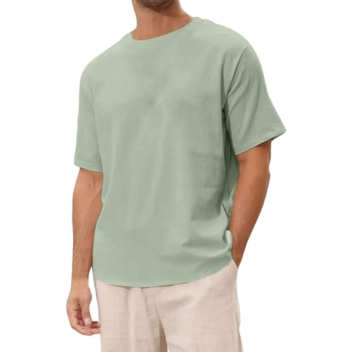 Herren Leinen T-Shirts Große Größe Lockere Volltonfarbe Shirt Männer Lässig Sport Shirt Herren Kurzarm Rundhals Strandtop Sommer Bequem Basic Bottom Tops (Green, XL) von Generisch