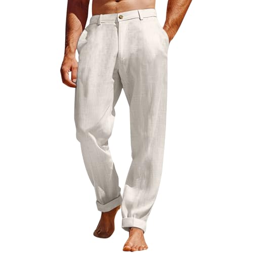 Herren-Leinenhose, Baumwoll-Twill, Chino, leger, flache Vorderseite, Anzughose, Business, Büro, Arbeit, Smart-Hose, lockeres gerades Bein, Golfhose, Reisehose, weiß, M von Generisch
