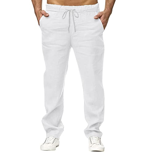 Herren Leinenhose Casual Loose Fit Elastische Taille Kordelzug Gerades Bein Yoga Strandhose Leinen Hose Freizeithose Herren Hose Slim Fit Stretch Weiß von Generisch