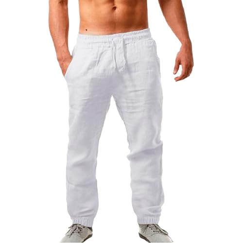Herren Leinenhose Einfarbiges Lang Leicht Sommerhose Loose Fit Freizeithose mit Kordelzug für Urlaub Strand Alltag Schwarze Hose Leinenhose Herren von Generisch